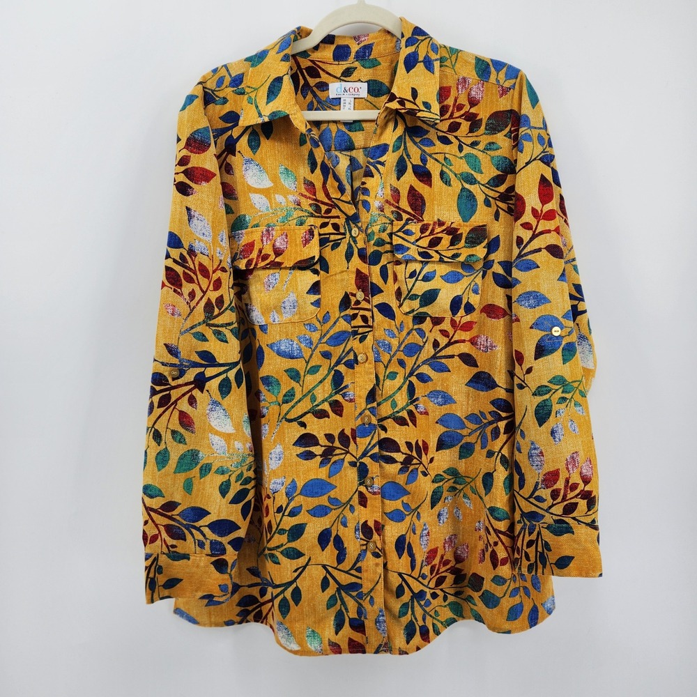 D&Co Women's Yellow Botanical Print Button Down Long Sleeve Shirt Size Large